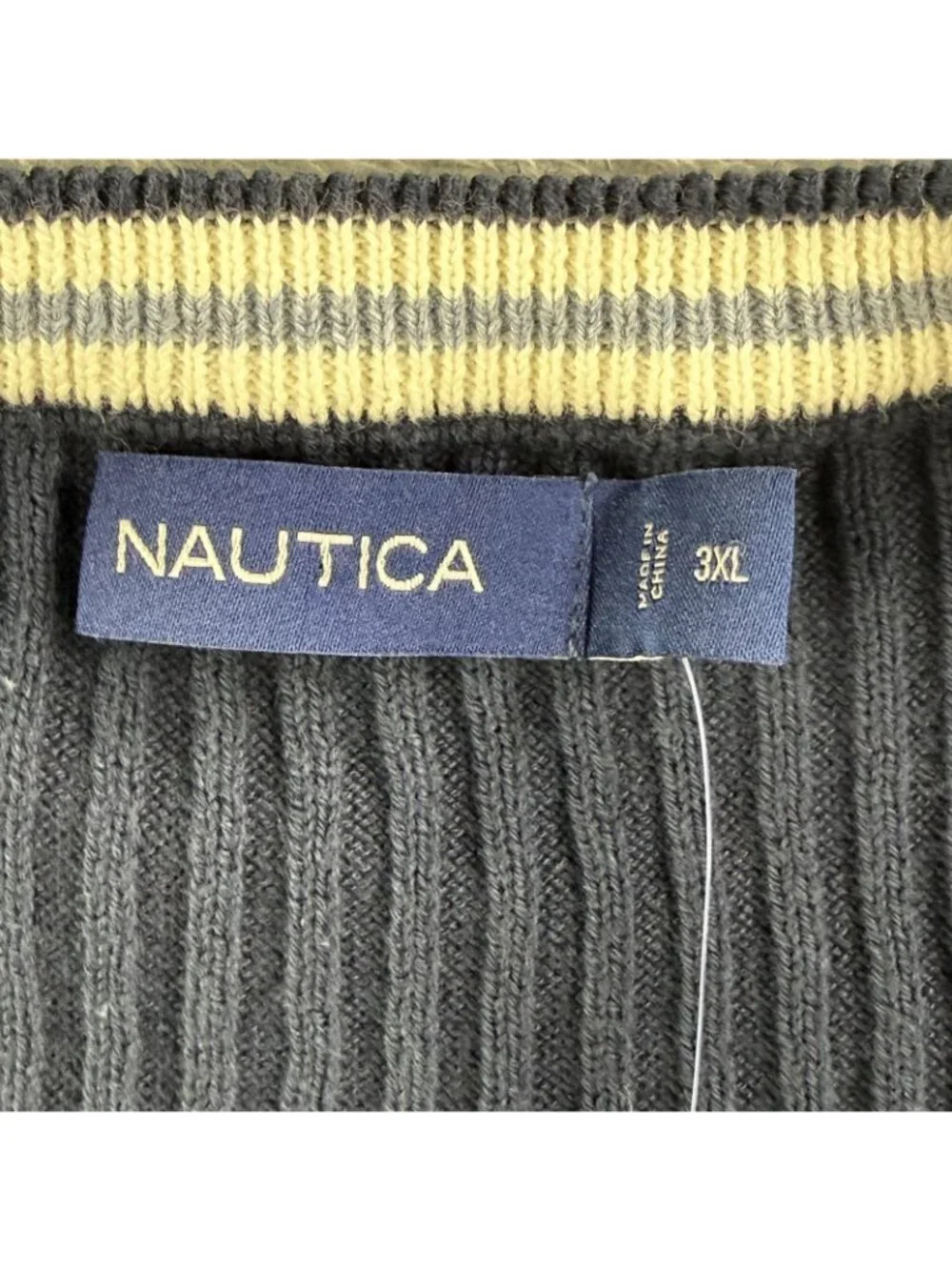 Nautica Sweater Mens 3XL Navy Gray Striped Crewneck Cotton Knit Ribbed Pullover